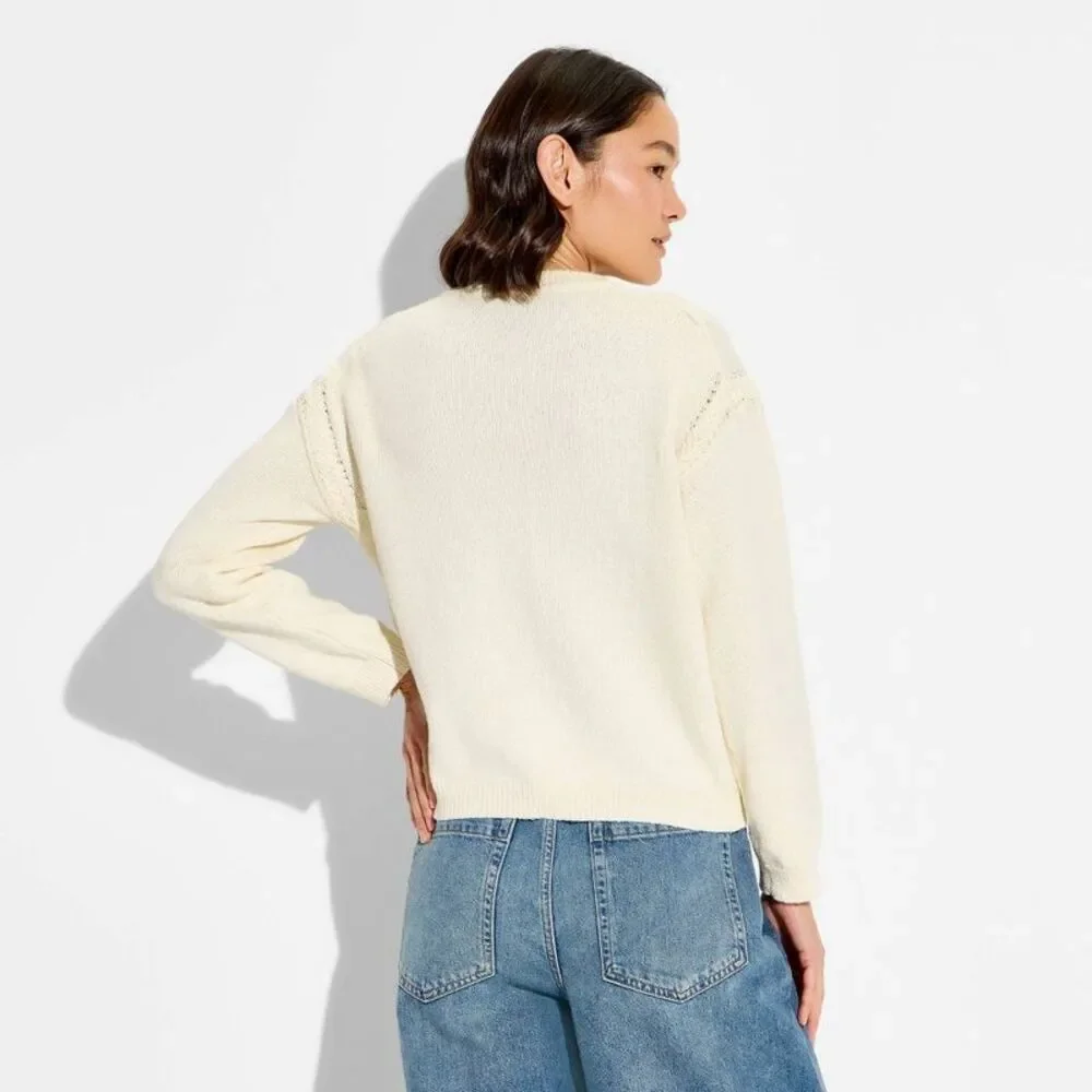 Open Box - Wild Fable - Women's Crewneck Cable Trim Cardigan -  Off-White - Picture 3 of 3